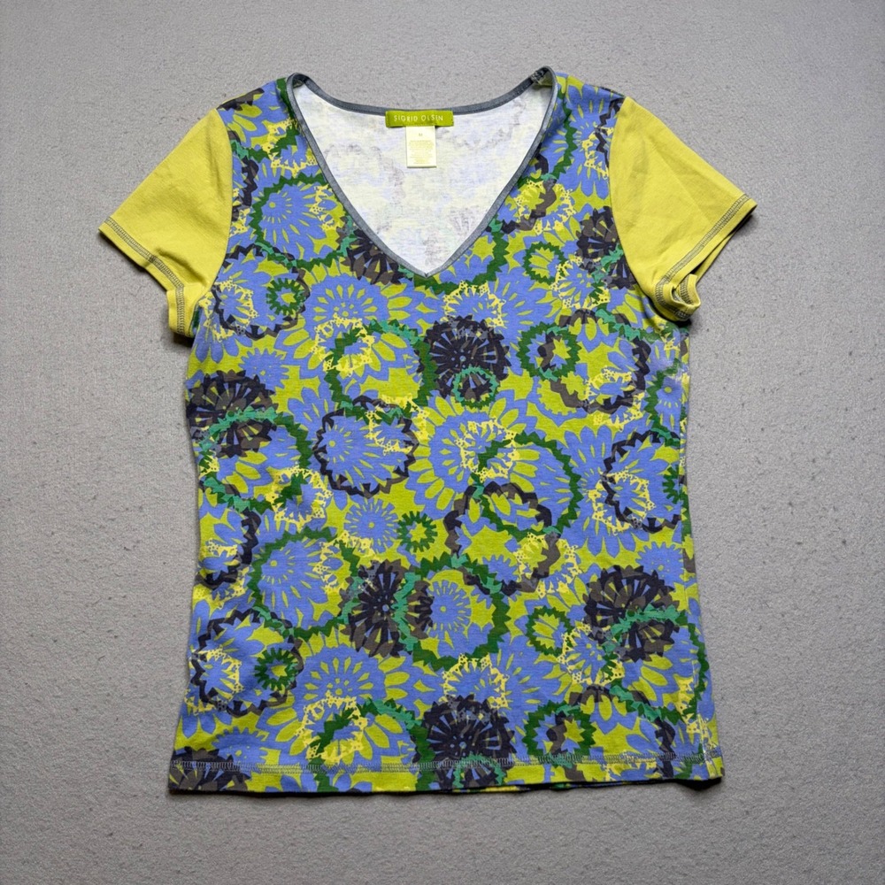 Sigrid Olsen V-Neck T-Shirt Womens M Blu Green Yellow Floral SOMU0643 Y2K Cotton
